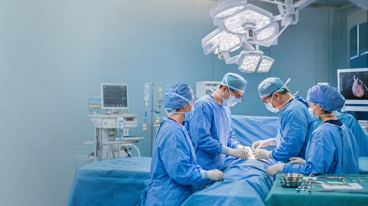 Équipe chirurgica in sala operatoria durante un intervento cardiochirurgico